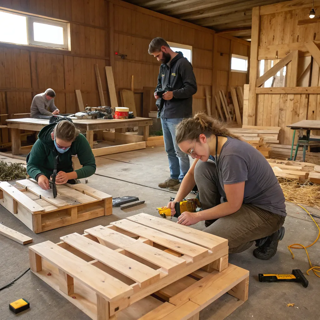 Participants working on pallet furniture at KYTHERIAL workshop